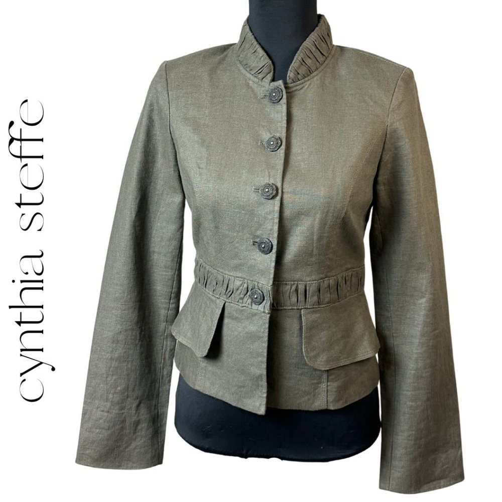 NWOT Cynthia Steffe Olive Linen Tailored Button Front Cropped Military Jacket 6